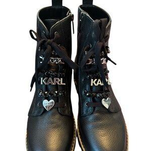 Karl Lagerfeld Mela Black Leather Lace-Up Boots
